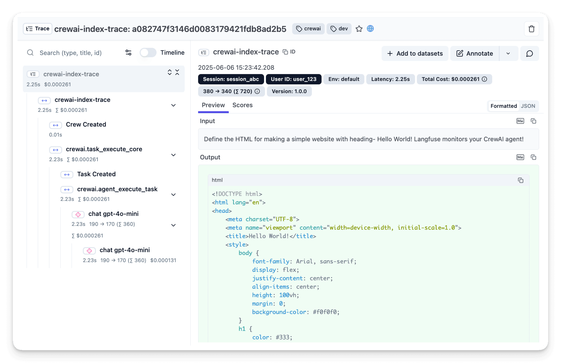 CrewAI trace visualization in Langfuse