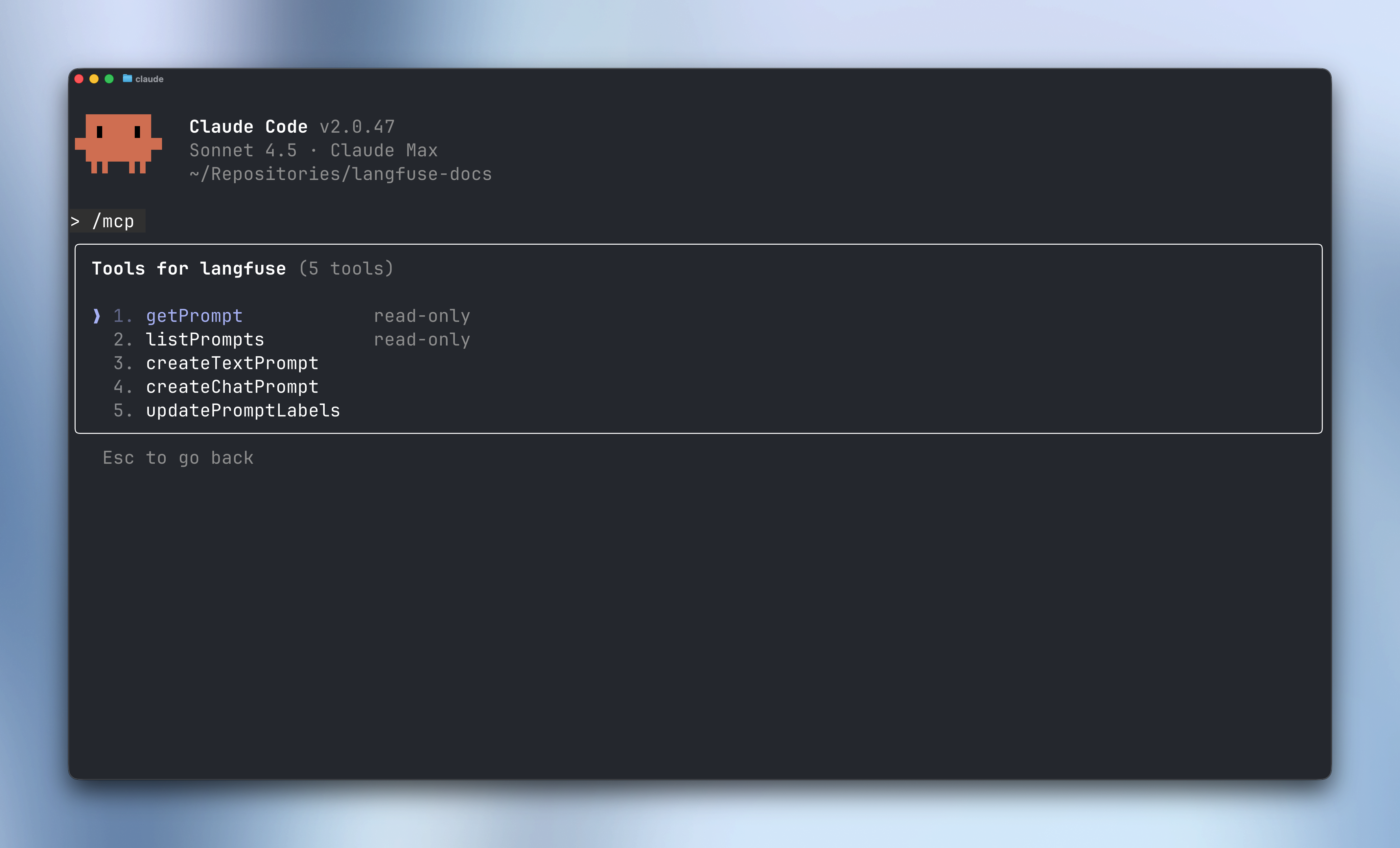 Langfuse MCP Server tools in Claude Code showing 5 tools: getPrompt, listPrompts, createTextPrompt, createChatPrompt, and updatePromptLabels